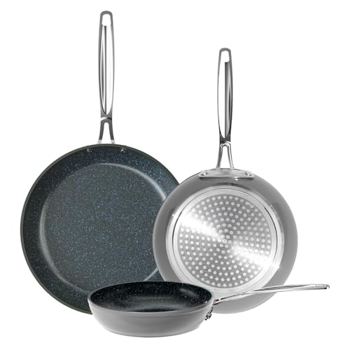 Nuwave 3-Piece 8”, 10”, 12” Forged Lightweight Frying Pan Set, G10 Healthy Duralon Blue Ceramic Ultra Non-Stick, Ergonomic Stay-Cool Handles, Induction-Ready & Works on All Cooktops
