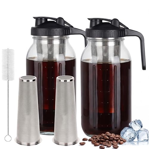 Scidea Cold Brew Coffee Maker, 2 Packs 64oz Mason Jar Pitcher with Durabel Glass & Stainless Steel Mesh Filter, Leak-Proof Glass Pither with Pour Spout Lid
