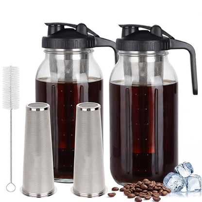 Scidea Cold Brew Coffee Maker, 2 Packs 64oz Mason Jar Pitcher with Durabel Glass & Stainless Steel Mesh Filter, Leak-Proof Glass Pither with Pour Spout Lid