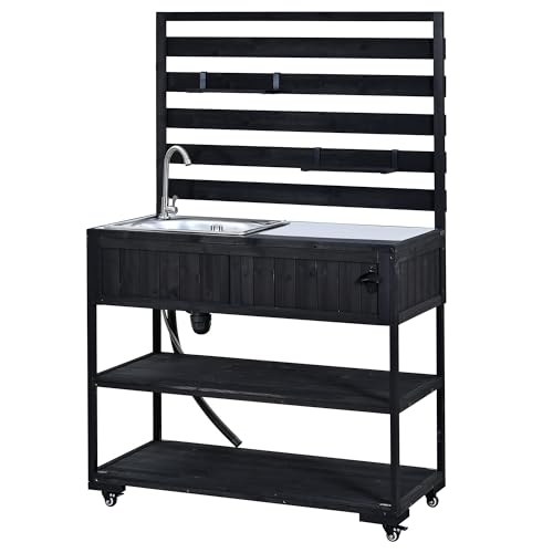 Merax Outdoor Rolling Kitchen Island with Sink, 41.7" Solid Wood Patio Cart Stainless Steel Top, Garden Potting Bench Table on Wheels, BBQ Prep Station with Shelves & Bottle Opener, Black