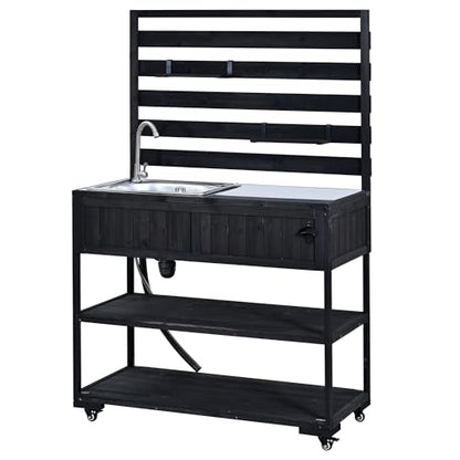 Merax Outdoor Rolling Kitchen Island with Sink, 41.7" Solid Wood Patio Cart Stainless Steel Top, Garden Potting Bench Table on Wheels, BBQ Prep Station with Shelves & Bottle Opener, Black