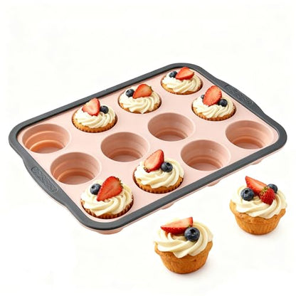 LGQUK Silicone Muffin Pan for Baking with Metal Frame， Nonstick Cupcake Pan， 12 Cup Baking Pan for Cupcake, Tarts, Egg Bites(12 Cup Pink)