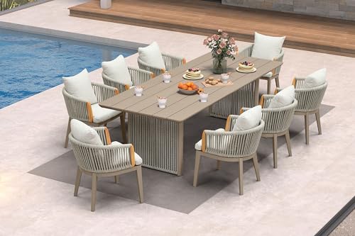 PURPLE LEAF 9 Pieces Outdoor Dining Set for 8, Aluminum Outdoor Patio Table and Chairs Set with Olefin Cushions, All-Weather Patio Dining Set for Garden or Deck, Beige