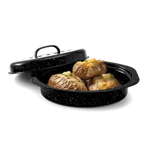 13” Enamel Roaster With Lid Oval Roasting Pan For Oven,Turkey Roaster Pot Broiler Pan Chicken Vegetables Suitable For Dining With Two People High Cookware Small Baking Pan