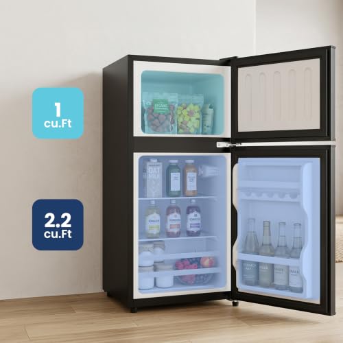 3.2 Cu.Ft Mini Fridge with Freezer, 2 Door Small Refrigerator with Adjustable Thermostat Energy-efficient Low Noise, Compact Fridge for Bedroom, Office, Dorm, Black