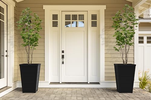 Keter Set of 2 Resin Modern Outdoor 22 Inch Tall Large Flower Pots, Tapered Wood Look Planters for Outdoor Plants and Front Porch Decor, Graphite