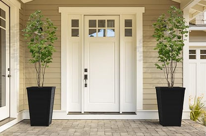 Keter Set of 2 Resin Modern Outdoor 22 Inch Tall Large Flower Pots, Tapered Wood Look Planters for Outdoor Plants and Front Porch Decor, Graphite