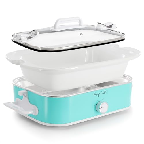 MegaChef 3.5 Quart Rectangle Casserole Slow Cooker with 3 Temperature Settings, Carry Handles and Locking Tempered Glass Lid (Turquoise)