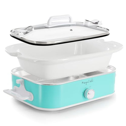 MegaChef 3.5 Quart Rectangle Casserole Slow Cooker with 3 Temperature Settings, Carry Handles and Locking Tempered Glass Lid (Turquoise)