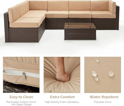 U-MAX 7 Piece Outdoor Patio Furniture Set, PE Rattan Wicker Sofa Set, Outdoor Sectional Furniture Chair Set with Cushions and Tea Table, Brown