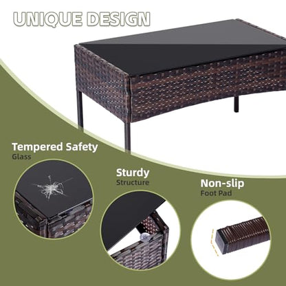 PAIQIAN Patio Furniture Set 4 Pieces, Outdoor Rattan Furniture with Tempered Glass Coffee Table, Modern Rattan Patio Chairs Conversation Sets with Sofa for Garden, Terrace, Porch, Lawns Brown/Beige