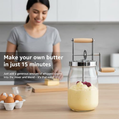 Retro Manual Butter Churn Kit - Wooden Hand-Crank Butter Maker with Glass Jar, Perfect for Fresh Cream, Keto Butter & Sustainable Homesteading (Farmhouse Must-Have) (51 OZ)