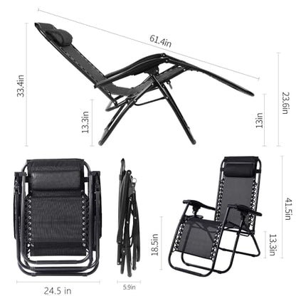 VTOY Zero Gravity Lounge Chair,Adjustable Outdoor Reclining Patio Chairs with Pillow and Cup Holder,Portable Camping Beach Chair,Steel Mesh Folding Recliner for Pool Yard Lawn (Black)