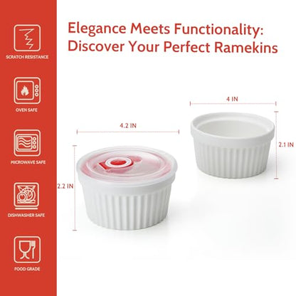 Sweese 6-Pack 8 oz Porcelain Ramekins with Lids, White Souffle Dishes for Baking, Creme Brulee Cups, Oven-Friendly Pudding Custard Bowls – Versatile Kitchen Essentials for Baking and Storing