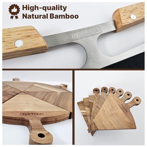 Premium Wooden Pizza Serving Board Set – 6 Slice Detachable Pizza Tray with Stainless Steel Rocker Knife, Pizza Slicer, Pizza Rocker for Parties & Gifts