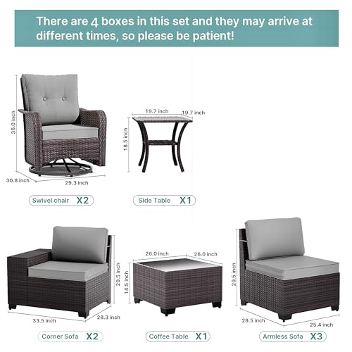 Gotland 9 Pieces Patio Furniture Set with 2 Swivel Chairs, 7-Seater Patio Furniture in 4 Combinations with Wide Armrests 29.5'' High Backrest, Wicker Outdoor Sectional for Deck Garden Pool Gray