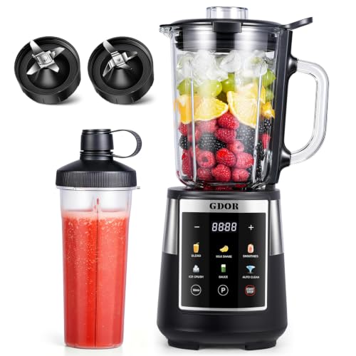 GDOR Professional Blender with 6 Preset Programs, 1300W Smoothie Blender for Ice Crushing & Frozen Fruit, 67 Oz Glass Pitcher & 22 Oz To-Go Cup Combo, Smart Smoothie Maker, Self-Cleaning