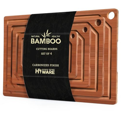 Hiware 4 Pieces Extra Large Wooden Cutting Boards Set- Bamboo Cutting Boards for Kitchen Meal Prep & Serving, Cutting Board with Deep Juice Groove & Built-in Handles, Charcuterie & Chopping Board