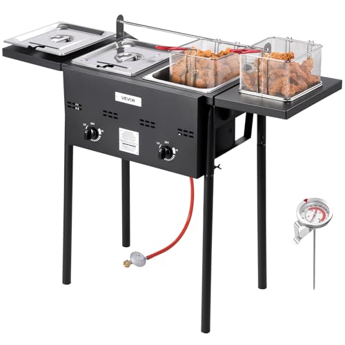 VEVOR Outdoor Propane Deep Fryer, Dual-Tank 8QTx2 Commercial Fryer, Stainless Steel Cooker with Foldable Platform, Dual Basket, and Heat Adjustment, Floor Standing Fryers for Restaurant Home Snack Bar