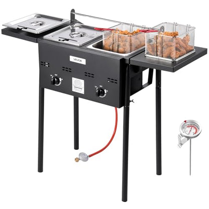 VEVOR Outdoor Propane Deep Fryer, Dual-Tank 8QTx2 Commercial Fryer, Stainless Steel Cooker with Foldable Platform, Dual Basket, and Heat Adjustment, Floor Standing Fryers for Restaurant Home Snack Bar