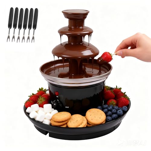 Yollsolom 3-Tier Chocolate Fondue Fountain, 1LB Capacity Electric Chocolate Fountain Machine with 6 Forks & Tray - 40W 430 Stainless Steel for Party Wedding Birthday (Black)