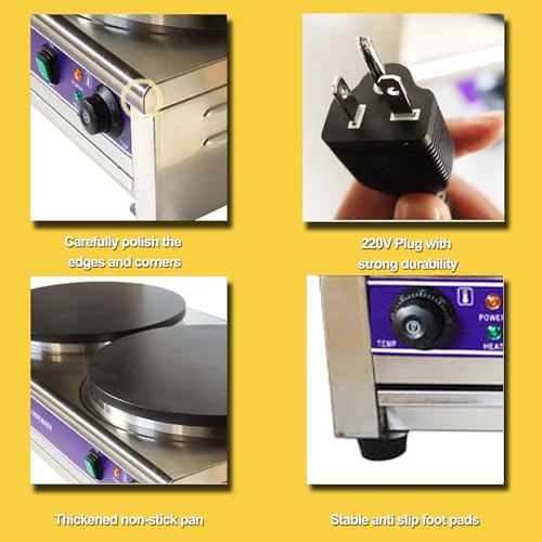 HQHAOTWU Crepe Maker Electric Crepes Making Machine Double Head Pancake Maker 40cm Per Circular Plate Non-stick Pan Griddle Machine Commercial Desktop Circular Cereals Pancake Stove Temp Control 220V