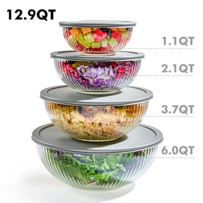 8pc Ribbed Glass Mixing Bowls with Leakproof Airtight Lids - BPA-Free Meal Prep Stackable Space Saving Nesting, Kitchen Baking Food Storage & Serving Containers - Microwave, Freezer, Dishwasher Safe.