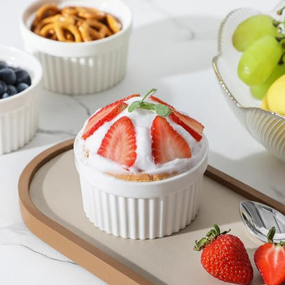 MALACASA Ramekins 4 oz Oven Safe, Porcelain Creme Brulee Ramekins Pudding Custard Cups Small Ceramic Souffle Dishes Ramakan Ramiken Ramicans Baking Bowls Set of 6, White, Series RAMEKIN-DISH