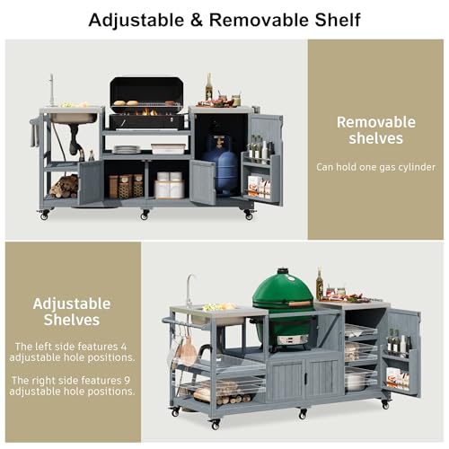 75.4" Outdoor Kitchen Island with Sink, Solid Wood Grill Cart, Rolling BBQ Prep Station with Stainless Steel Top, Towel Rack & Spice Rack, BBQ Cart (Grills NOT Included) (Grey+Blue, 75.4 inch)