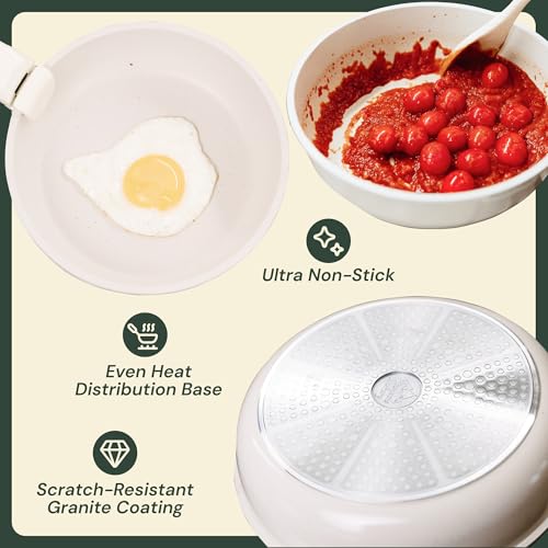 Pinnacle Cookery 15-Piece White Granite Nonstick Cookware Set – Detachable Handles & Tempered Glass Lids – Stackable & Cool-Touch - Induction & Oven Safe to 480°F - Scratch-Resistant, PFOA & PFOS-Free