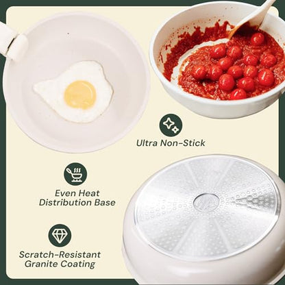 Pinnacle Cookery 15-Piece White Granite Nonstick Cookware Set – Detachable Handles & Tempered Glass Lids – Stackable & Cool-Touch - Induction & Oven Safe to 480°F - Scratch-Resistant, PFOA & PFOS-Free