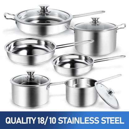 Aufranc 10-Piece Pots and Pans Set, Stainless Steel Cookware Set- Includes Ergonomic Handle Saucepans, Skillets, Dutch Oven, Stockpot, Steamer & More - Premium Pots and Pans for Home Chefs