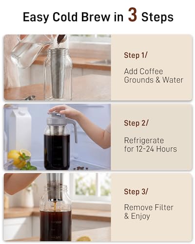 OneDream Cold Brew Coffee Maker - 2 Quart 64oz Stainless Steel Filter Cold Brew Pitcher Jar, No Leaks Cold Brew Mason Jar Coffee Maker, Easy to Clean Cold Coffee Maker
