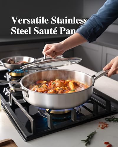 VocVoi Stainless Steel Pan with Lid, 6 QT Stainless Steel Saute Pan, 12 Inch Frying Pan, PFOA & PTFE Free, Tri-Ply Skillet, Stainless Steel Pot, Dishwasher & Oven Safe, Works on All Cooktops