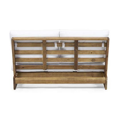 Great Deal Furniture Kaitlyn Outdoor Acacia Wood Loveseat with Cushions, Teak and White