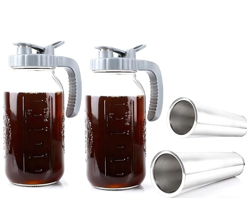 64 OZ Cold Brew Coffee Maker 2 Quart Mason Jar Glass Iced Tea Pitcher With Stainless Steel Filter Half Gallon Pitcher With Spout Lid For Iced Coffee,Tea & Lemonade,Sun Tea Airtight & Leak-Proof 2 PACK