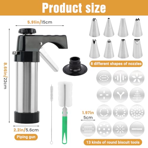 Cookie Press Gun Kit, Spritz Cookie Press for Baking Icing Gun with 13 Cookies Discs and 8 Piping Tips for DIY Christmas Cookies, DIY Biscuit, Decorating Baking Supplies