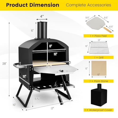 Z1UVDFUR Wood Fired Outdoor Pizza Oven, Portable 2-Layer Pizza Maker with 12" Pizza Stone & Waterproof Cover – Folding Legs, Removable Rack for Camping, Backyard BBQ, Tailgating