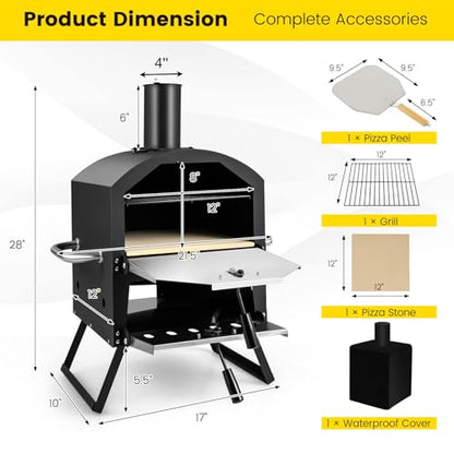 Z1UVDFUR Wood Fired Outdoor Pizza Oven, Portable 2-Layer Pizza Maker with 12" Pizza Stone & Waterproof Cover – Folding Legs, Removable Rack for Camping, Backyard BBQ, Tailgating