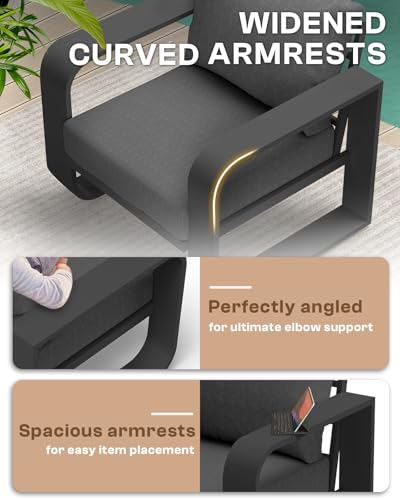 Oasbira Oversized Aluminum Outdoor Furniture Set, Extra Large Patio Furniture Sofa Set 4.8” Widened Armrest & Ultra-Thick Cushions, 5 Pcs Modern Patio Sectional for Backyard, Porch, Graphite