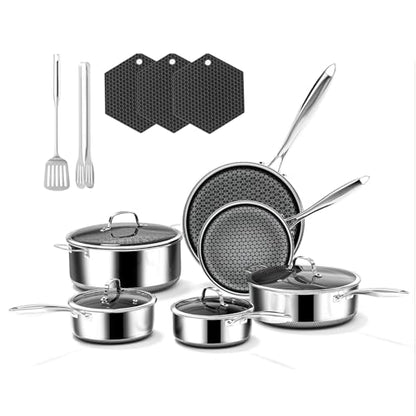 15-Piece 5 Ply Stainless Steel Cookware Set with Lids, Pots and Pans Set Non Stick, Non-Toxic Kitchen Utensils Set for Induction, Oven, Dishwasher Safe, RV Essentials, Kitchen Appliances