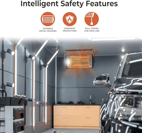 Comfort Zone 1500W Ceiling Mounted Dual Quartz Radiant Heater – Infrared Workshop Heater with 90° Adjustable Tilt, Built-in Halogen Light & Pull String Control – Overheat Protection, Black