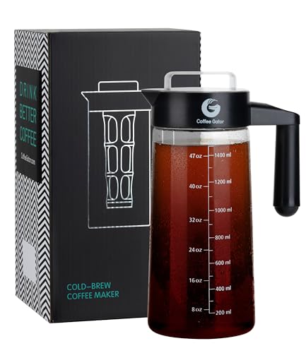 Coffee Gator Cold Brew Coffee Maker - 47 oz Iced Tea and Iced Coffee Maker and Pitcher with Borosilicate Glass Carafe, Filter - Black