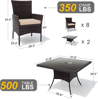 Gotland 10 Piece Outdoor Dining Set, All-Weather Rattan Patio Furniture Set with Umbrella Hole Tempered Glass Square Table, Outdoor Table and Chairs with Removable Cushions for Backyard, Deck Khaki