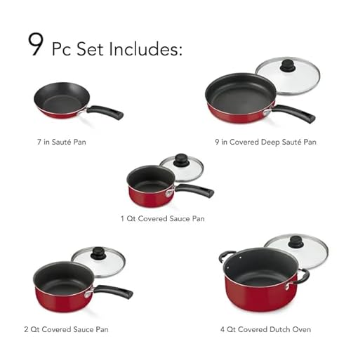 TNLOJI 9-Piece Non-Stick Cookware Set - Red Kitchen Pots and Pans Set with Glass Lids, Stay-Cool Handles, for Gas, Electric & Induction Stovetops