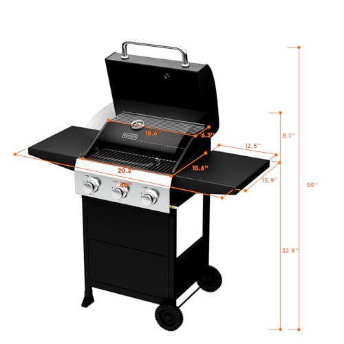 Bonnlo 3 Burners Portable Gas Grill with Enameled Cast Iron Grates, Powerful 36,000 BTU Propane Grill with Side Shelf & Bottom Cabinet, Outdoor Grill with Wheels for Patio Backyard Garden BBQ Use