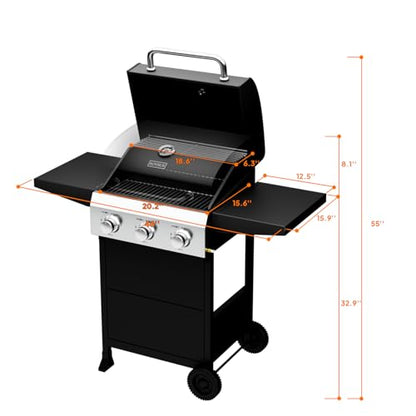 Bonnlo 3 Burners Portable Gas Grill with Enameled Cast Iron Grates, Powerful 36,000 BTU Propane Grill with Side Shelf & Bottom Cabinet, Outdoor Grill with Wheels for Patio Backyard Garden BBQ Use