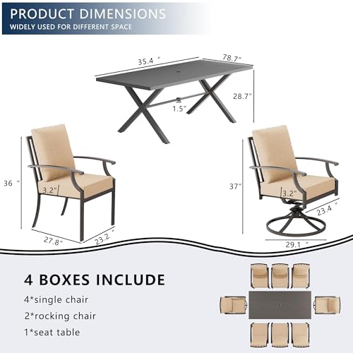 ASJMR 7 Piece Outdoor Dining Set for 6, Metal Patio Table and Chairs with Cushions, Patio Furniture Set with 2 Swivel Chairs, Rectangular Patio Dining Table with Umbrella Hole, Lawn Deck, Yard-Sand