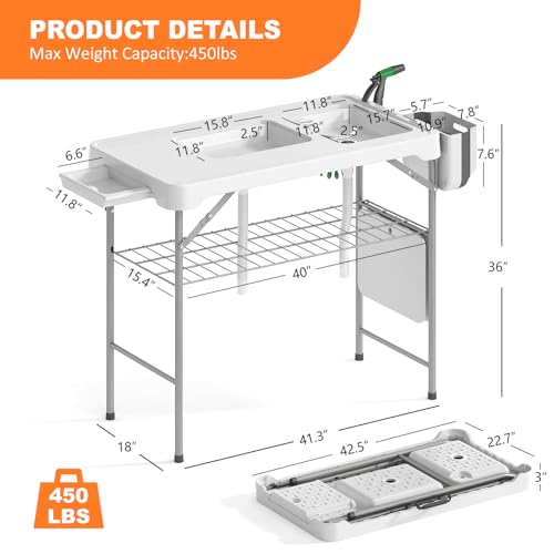 Folding Fish Cleaning Table with 2 Sinks, 42.5'' Portable Camping Sink Table with Foldable Faucet, Drainage Hose, Sprayer, Storage Box,Drawer & Grooves, Outdoor Fillet Station for Picnic, White