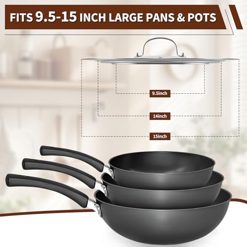 15 Inch Extra Large Universal Lid for Pots, Pans and Skillets, Pan Lid Fits 9.5/10/11/12/13/14/15 Inch Cookware, Stainless Steel & Tempered Glass Replacement Frying Pan Lid, Dishwasher Safe